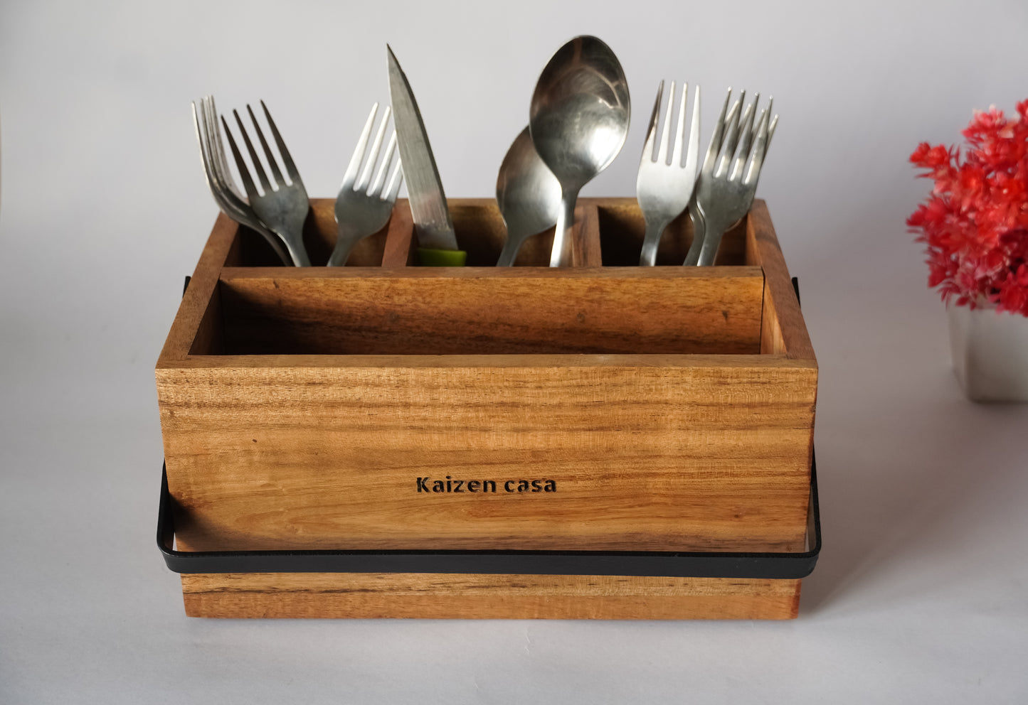 Wooden Caddy/Cutlery holder with Metal Holder